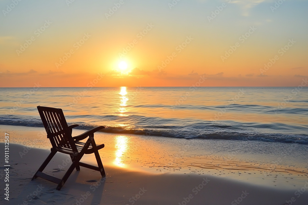 Poster Serene Beach Reading Setup with Sunset View and Minimalist Style  