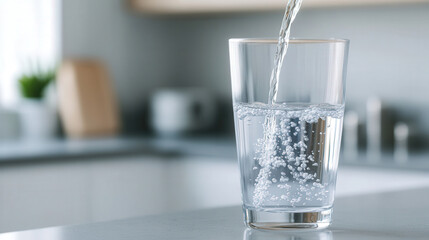Filling a Glass with Tap Water in a Modern Kitchen, showcasing transparency and purity, embodying the essence of refreshing hydration in everyday life