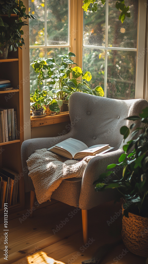 Poster Serene Reading Nook with Bright Natural Light and Lush Greenery  