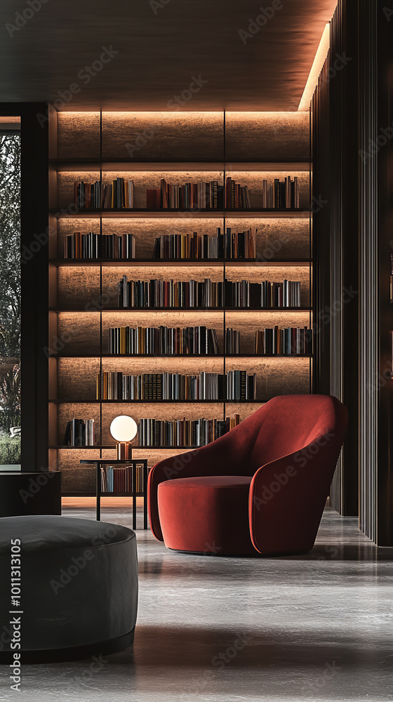 Wall mural Modern Minimalist Library with Ambient Lighting and Diverse Titles  