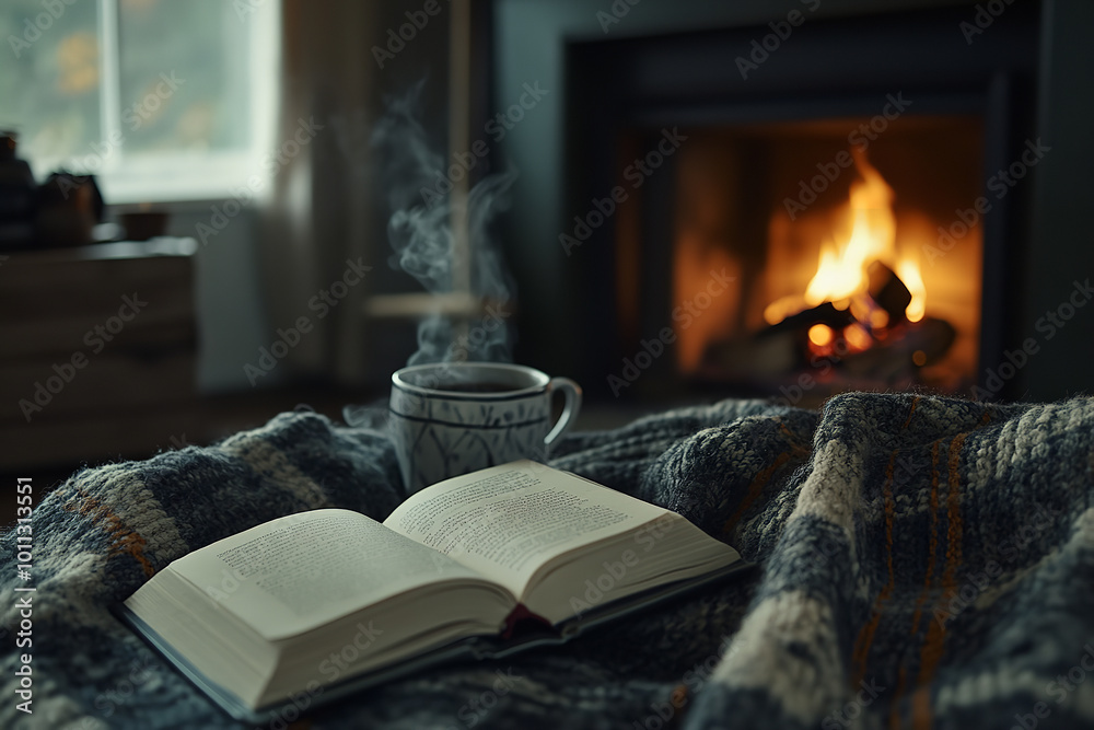 Poster Cozy Winter Reading Setup with Fireplace and Warm Blanket  