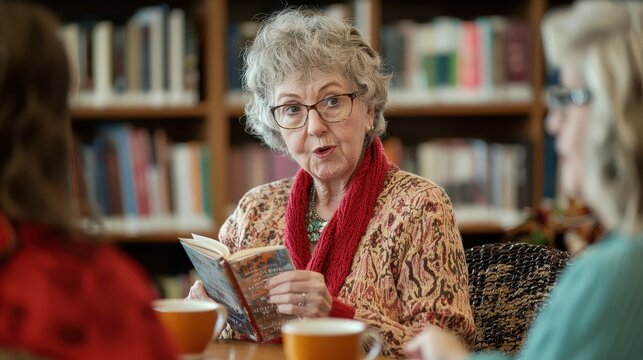 A senior woman enjoying a book club meeting in a cozy library, lively discussion and cups of tea around.