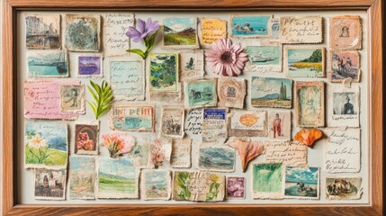 Nostalgic Collage: Vintage Frame with Postcards, Stamps, and Handwritten Notes