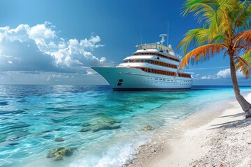 Obraz premium A majestic yacht anchored near a tropical island with vibrant turquoise waters, white sandy shores, and a lone palm tree, set against a bright blue sky and calm ocean.