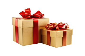 golden gift box with red ribbon bow isolated on white or transparent png