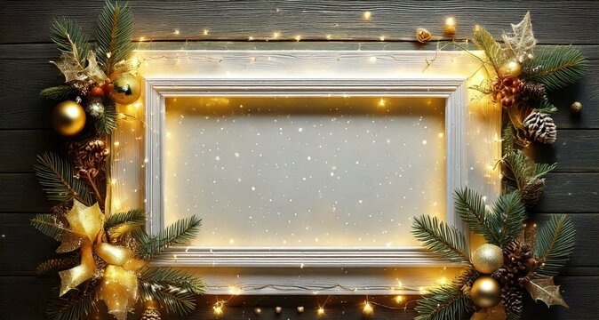 Marco rectangular blanco con decoraci&oacute;n navide&ntilde;a de ramas de pino y adornos en un dise&ntilde;o festivo
