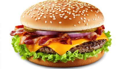 Delicious cheeseburger with bacon and fresh toppings