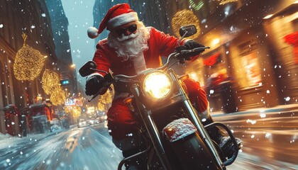 Festive Santa driving a motorbike in the snow, spreading holiday cheer.