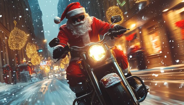 Festive Santa driving a motorbike in the snow, spreading holiday cheer.