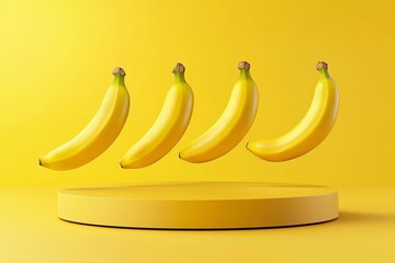 Four Yellow Bananas Floating Above Round Platform, Yellow Background, Minimalist Concept