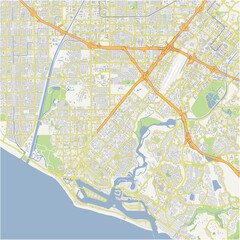 Map of Costa Mesa in California in a normal road map style. Contains layered vector with roads water, parks, etc.