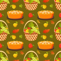 Festive pattern with fruits and basket on a green background. Vector template.