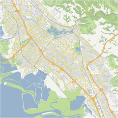 Map of Fremont in California in a normal road map style. Contains layered vector with roads water, parks, etc.