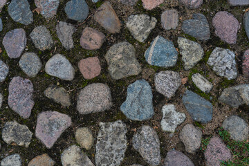 Stone paving stones in the forest park in the evening. Stone background