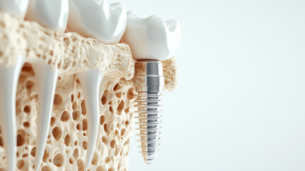 Dental implant, abutment, bone structure, 3D rendering, dental care, oral health, titanium implant, dental procedure, artificial tooth, dental technology, dental anatomy, gum tissue, dental