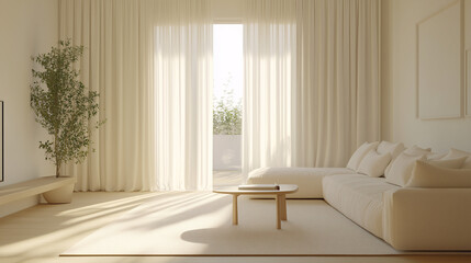 Fototapeta premium Bright minimalist living room featuring soft beige floor-to-ceiling curtains, a simple white sofa, and a single coffee table in an uncluttered space