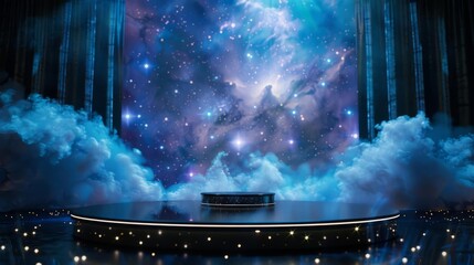 Empty stage with starry sky backdrop and blue clouds.