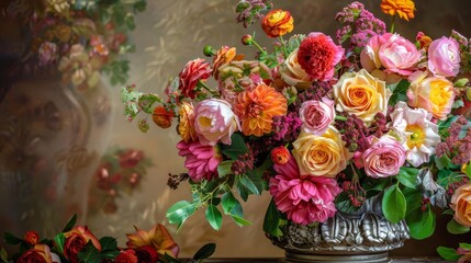 Fototapeta premium Elegant bouquet of colorful flowers in a silver vase.