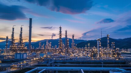 Fototapeta premium Industrial complex at dusk with illuminated pipes and towers against a cloudy sky.
