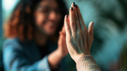 Two hands high five, celebrating success, teamwork, partnership.