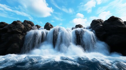 Obraz premium Waterfall in wild nature, rugged rocks and forceful water, 3D illustration