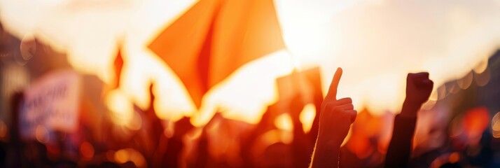 Silhouettes of people raising their hands in the air at a concert or rally, with a flag in the background.