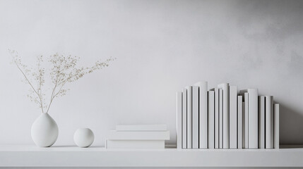 Close-up of a minimal bookshelf with a few monochrome books and one decorative object, such as a small sculpture or plant. Clean lines and modern design elements