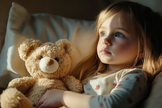 closeup of Cute little girl hugging a teddy bear Safe Toys and Gifts Month concept
