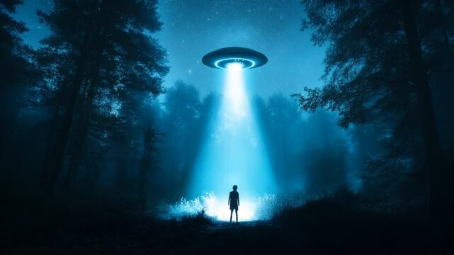 
An eerie nocturnal scene featuring a glowing ufo illuminating a solitary figure. The mysterious atmosphere evokes curiosity and intrigue about the unknown and extraterrestrial life.