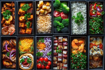A diverse selection of international gourmet dishes, including shrimp, fresh salads, roasted vegetables, and side dishes, arranged in divided trays for a visually appealing and flavorful meal.

