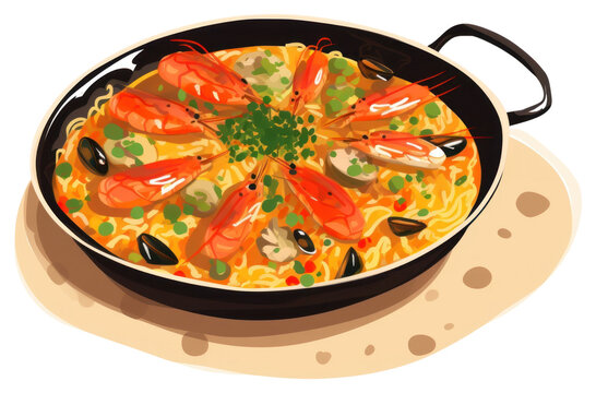 shrimp paella in pan, orange food, top view clip art preview