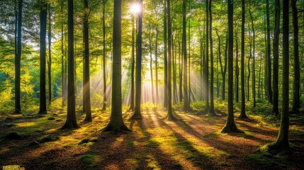 Obraz premium A bright sunlight beam filtering through the trees in a dense forest, casting shadows and light patterns on the forest floor.