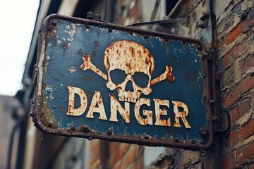  weathered danger sign on the side of a dilapidated, abandoned building, with a faded skull and crossbones graphic, symbolizing past hazards and neglect.