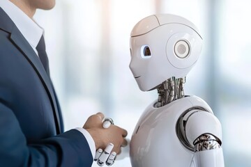 A human and a humanoid robot engaging in a handshake, symbolizing collaboration between humans and artificial intelligence in a modern office setting.