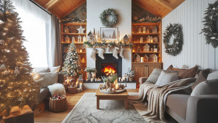 Fototapeta premium living room with fireplace, Christmas living room, marry Christmas