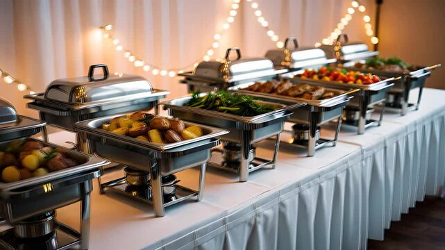 Buffet Table with Chafing Dishes and Food at Event Catering

