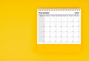 November desk calendar for 2024 year. Blank calendar for your appointment or reminder, Positon with copy space.