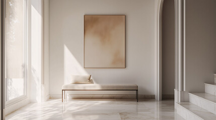 Elegant minimalist entryway featuring a single abstract artwork in warm tones, a modern bench with neutral cushions, and a polished marble floor
