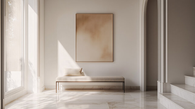 Elegant minimalist entryway featuring a single abstract artwork in warm tones, a modern bench with neutral cushions, and a polished marble floor