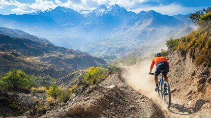 Fototapeta premium A cyclist on a rugged trail, navigating through rocky terrain, with mountains in the background and dust flying up from the tires.