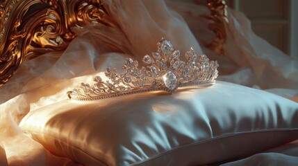 A diamond tiara sitting on a silk pillow, glittering under soft lighting in a luxury setting.