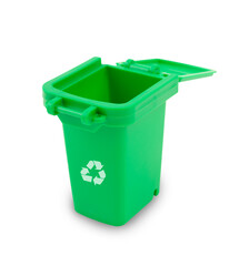Green recycle bin isolated on white background.