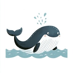Obraz premium Cute cartoon whale with blue and white waves and water splatter.