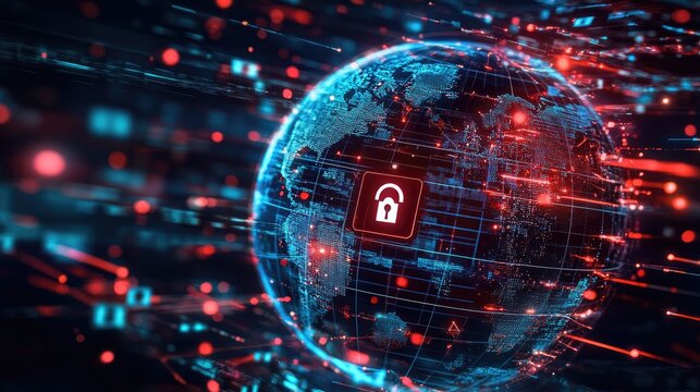 A high-resolution image of a transparent digital globe with a lock symbol, illustrating the intersection of global communication and cybersecurity.