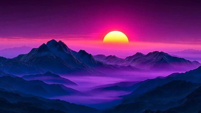 Vibrant sunset over misty mountain range, digital