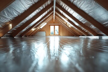  Overhead view of an attic with Thermal-Safe insulation panels expertly installed on the roof, offering effective energy conservation and weather protection for the home.