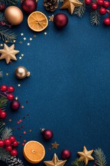 Christmas decorations frame with ornaments, star shapes, pinecones, and dried oranges on dark blue background