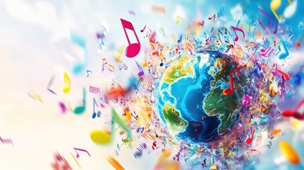 A vibrant collage of colorful musical notes swirling around a globe, symbolizing unity in music on International Music Day, captured in high resolution against a bright backdrop.