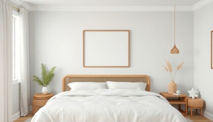 Fototapeta premium Serene 3D-Rendered Bedroom: A tranquil space featuring sleek modern furnishings, soft lighting, and harmonious color tones, creating a perfect balance of comfort and style.