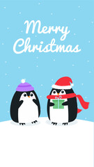 Christmas card for instragram in flat style. Penguin giving a penguin a gift on snowflake background. Two penguins on snow and the inscription Merry Christmas flat vector illustration